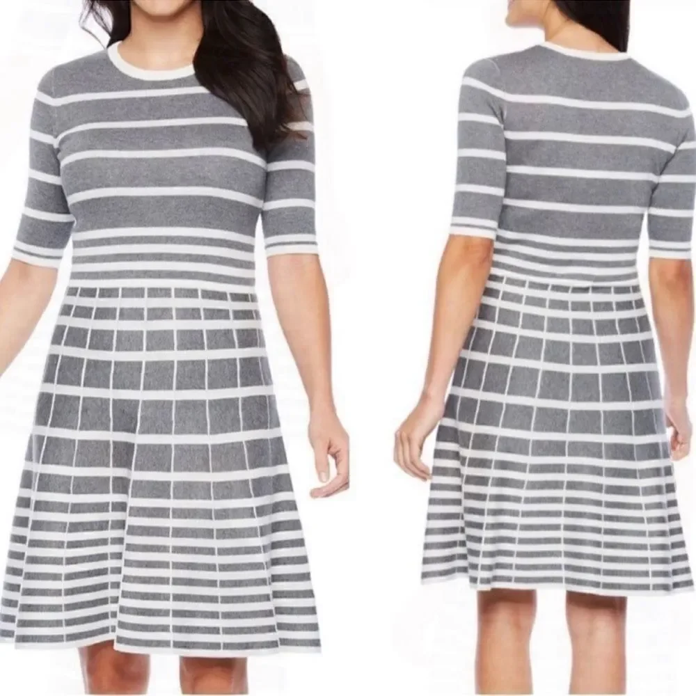 Danny and Nicole Womens‎ L Gray & White Striped Modern Fit n Flare Sweater Dress